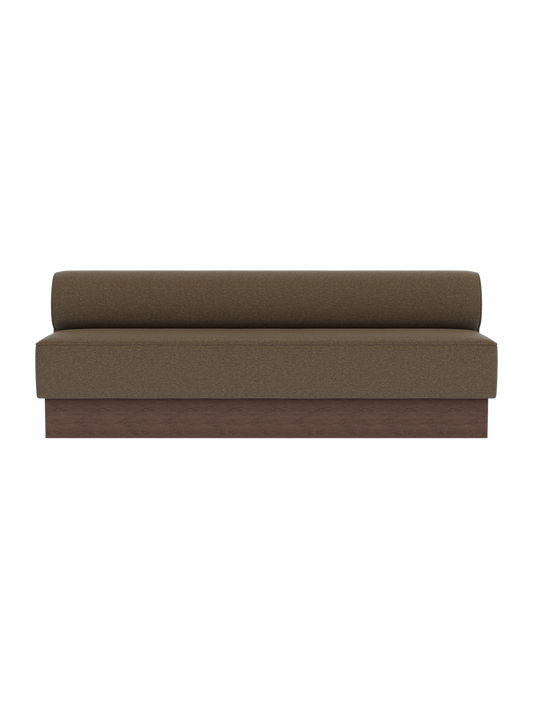 Eave Dining Sofa, Plateau in dark stained oak with Logan Nutmeg upholstery against a black background.