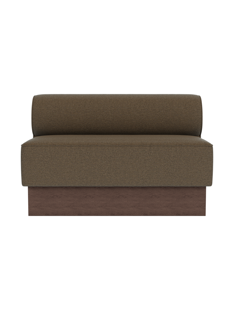 Eave Dining Sofa, Plateau with dark stained oak base and Logan Nutmeg upholstery, shown in a front view.