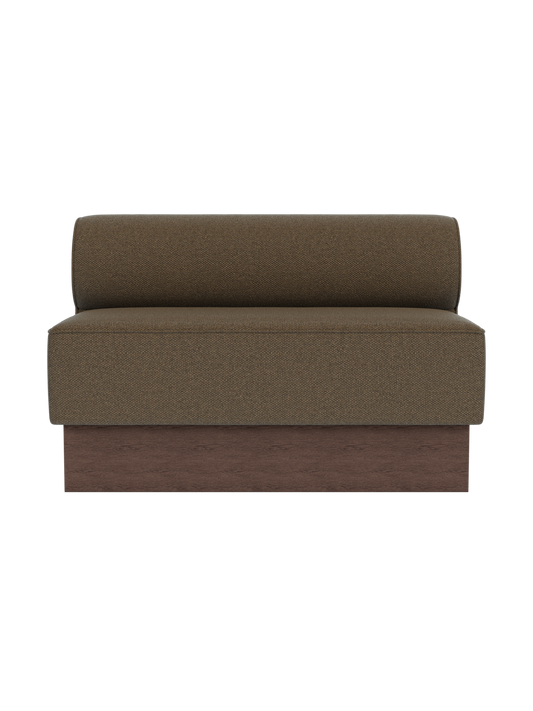 Eave Dining Sofa, Plateau with dark stained oak base and Logan Nutmeg upholstery, shown in a front view.