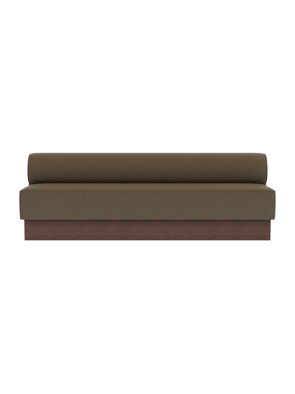 Eave Dining Sofa, Plateau in dark stained oak with Logan Nutmeg upholstery, shown from a front view.