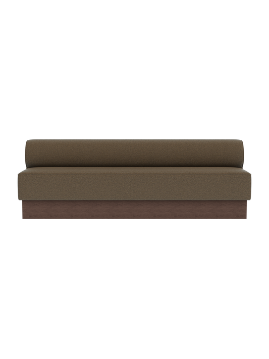 Eave Dining Sofa, Plateau in dark stained oak with Logan Nutmeg upholstery, shown from a front view.