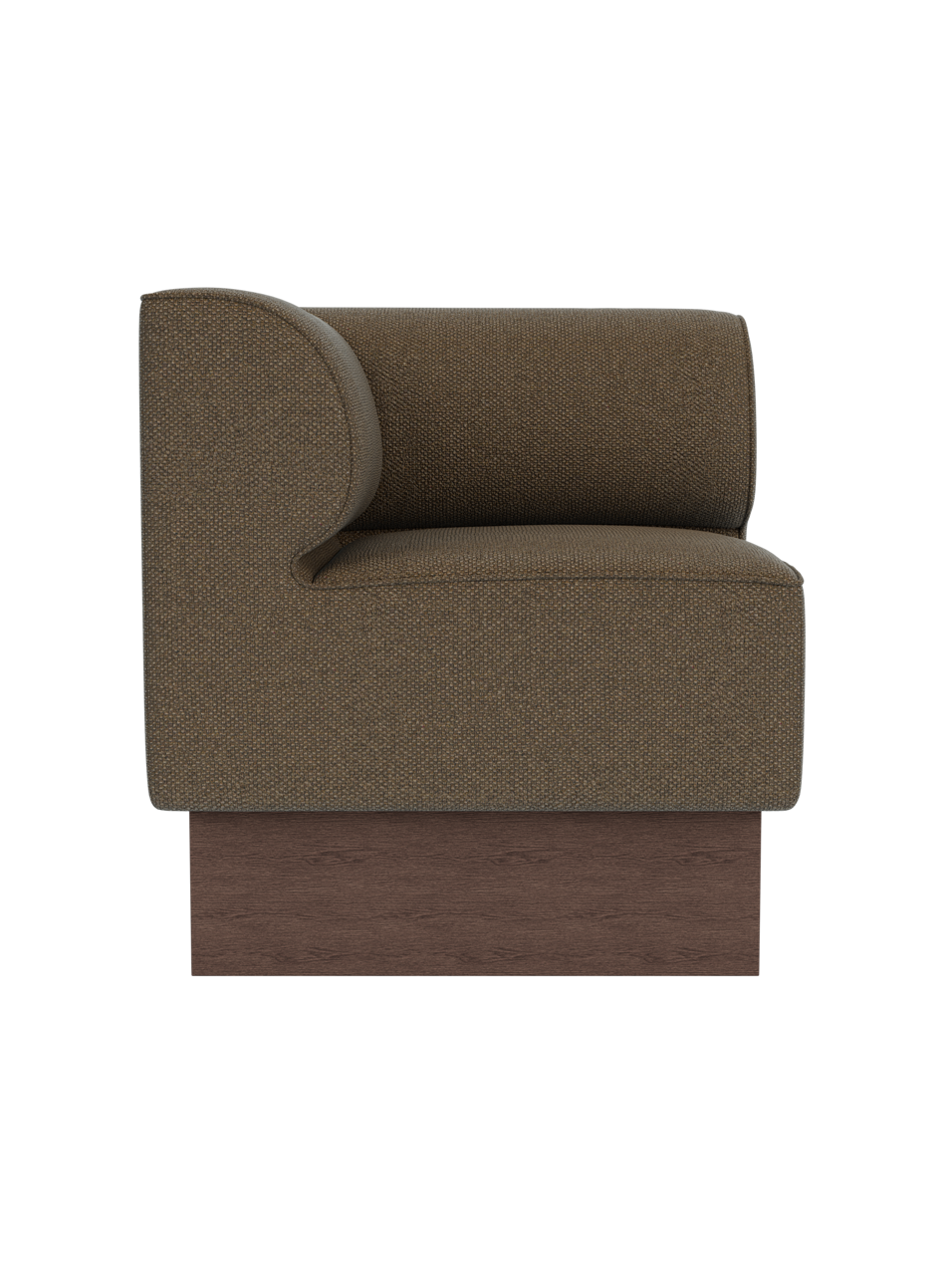 Eave Dining Sofa, Plateau corner module in Logan Nutmeg upholstery with a dark stained oak base, viewed from the side.