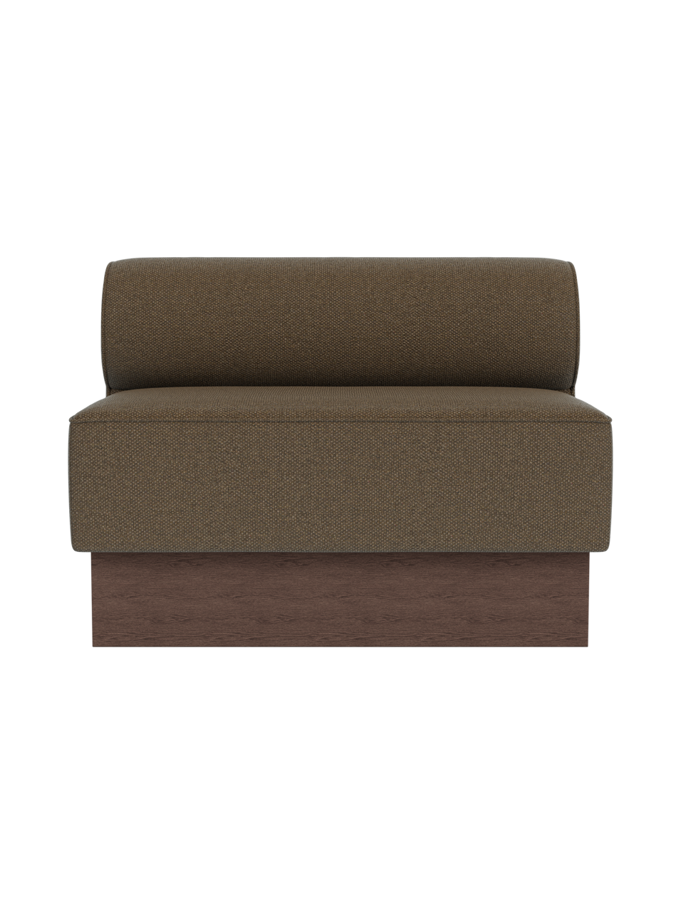 Eave Dining Sofa, Plateau in Logan Nutmeg with a dark stained oak base, viewed from the front against a black background.