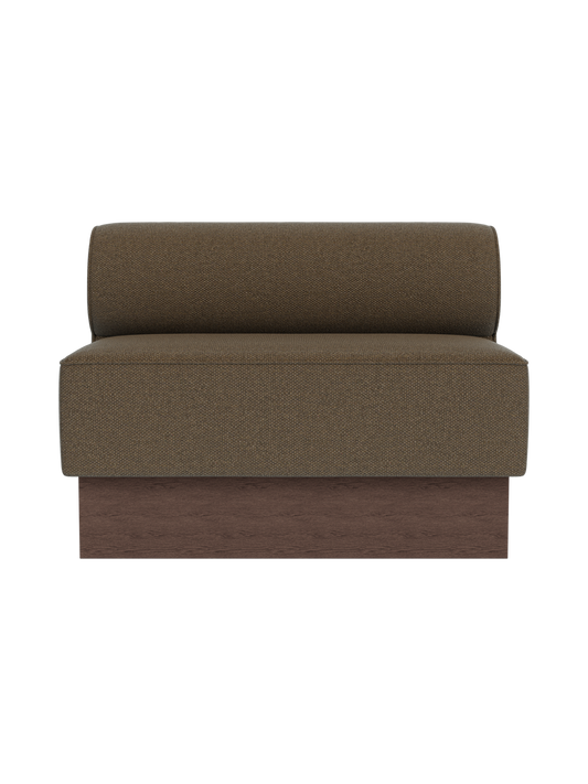 Eave Dining Sofa, Plateau in Logan Nutmeg with a dark stained oak base, viewed from the front against a black background.
