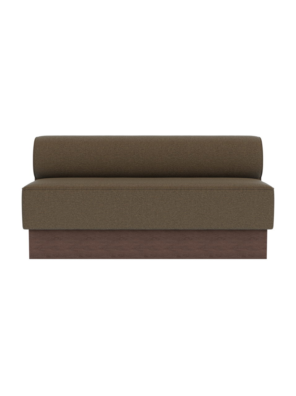Eave Dining Sofa in dark stained oak and Logan Nutmeg upholstery, shown from a front angle against a dark background.