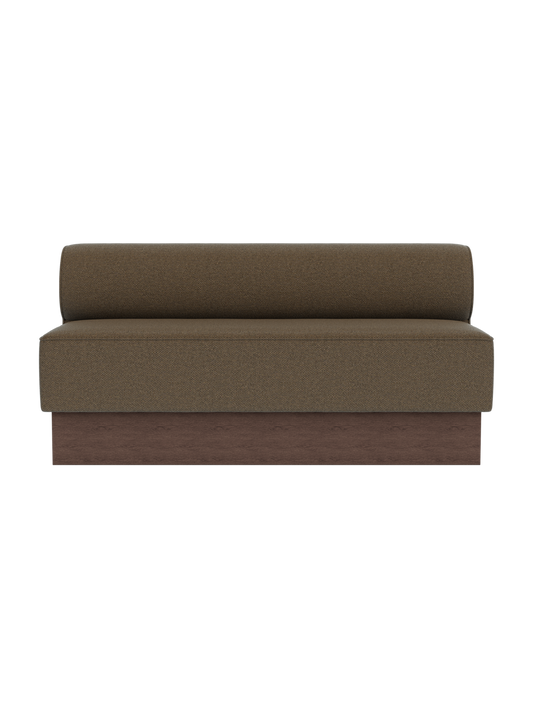 Eave Dining Sofa in dark stained oak and Logan Nutmeg upholstery, shown from a front angle against a dark background.