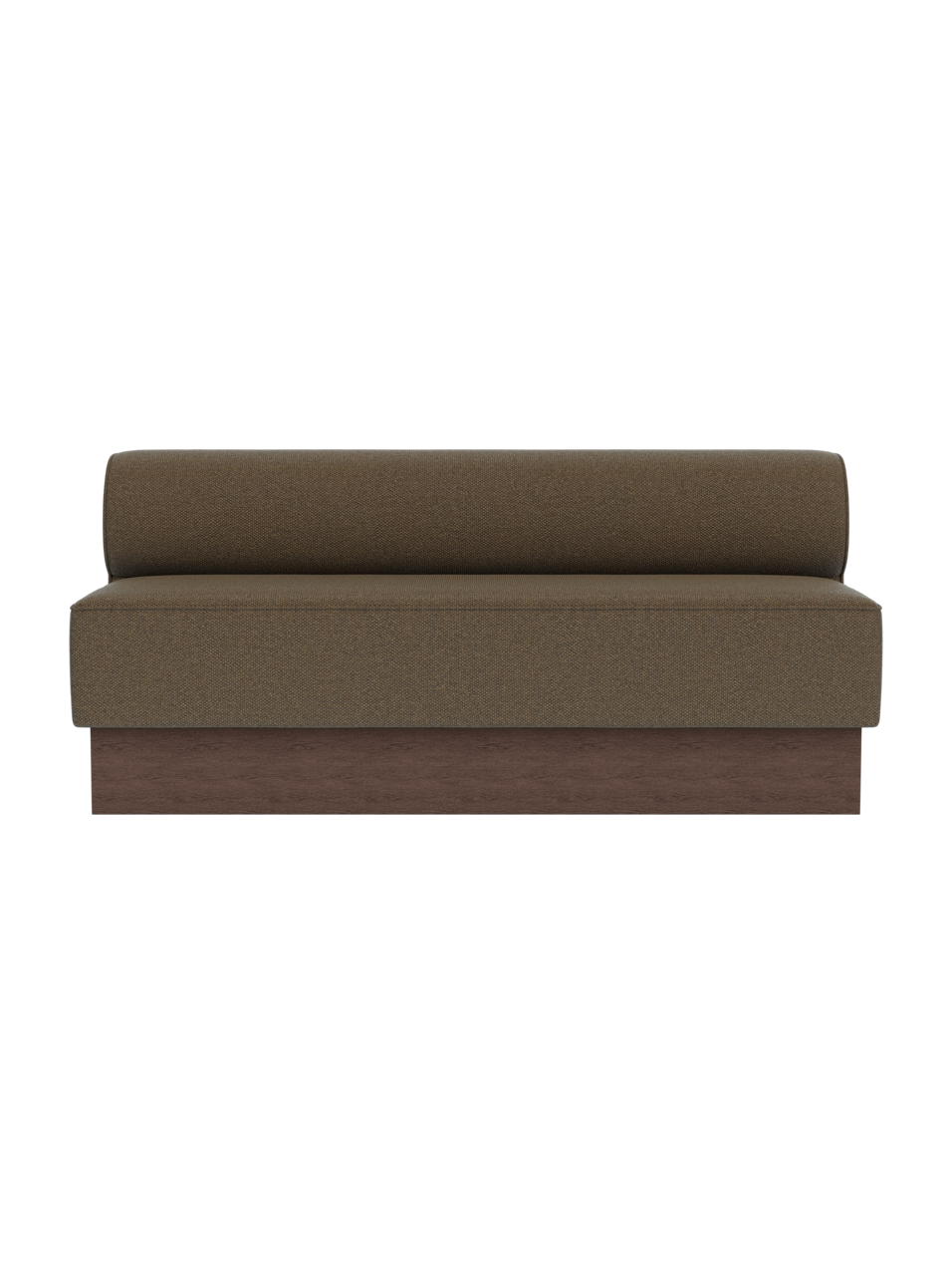 Eave Dining Sofa, Plateau in Dark Stained Oak with Logan Nutmeg upholstery, shown from a front view on a black background.