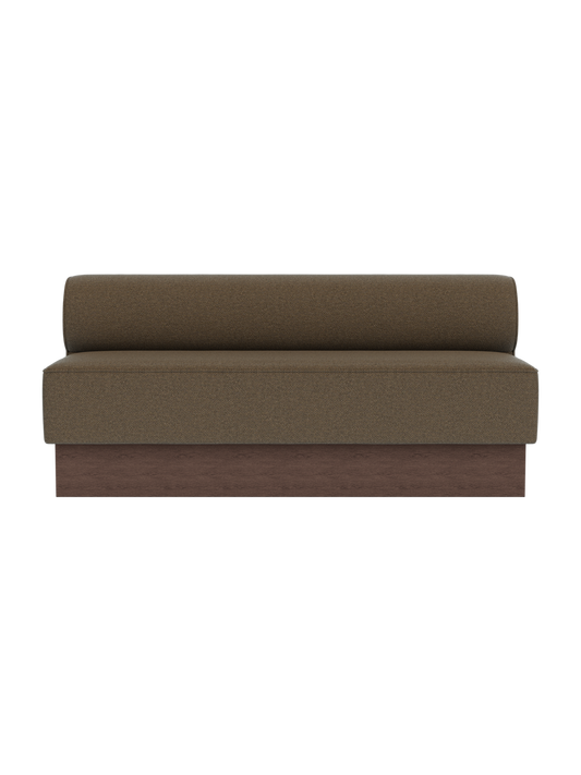 Eave Dining Sofa, Plateau in Dark Stained Oak with Logan Nutmeg upholstery, shown from a front view on a black background.