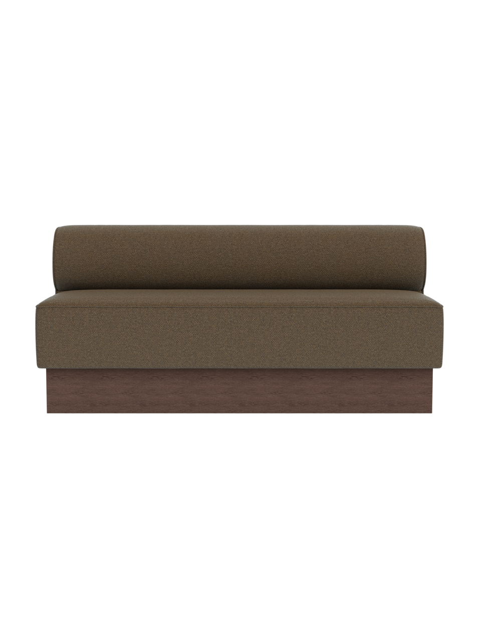 Eave Dining Sofa, Plateau in dark stained oak with Logan Nutmeg upholstery, shown from a front view.