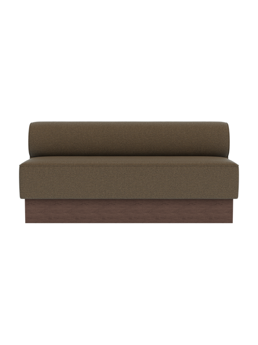 Eave Dining Sofa, Plateau in dark stained oak with Logan Nutmeg upholstery, shown from a front view.