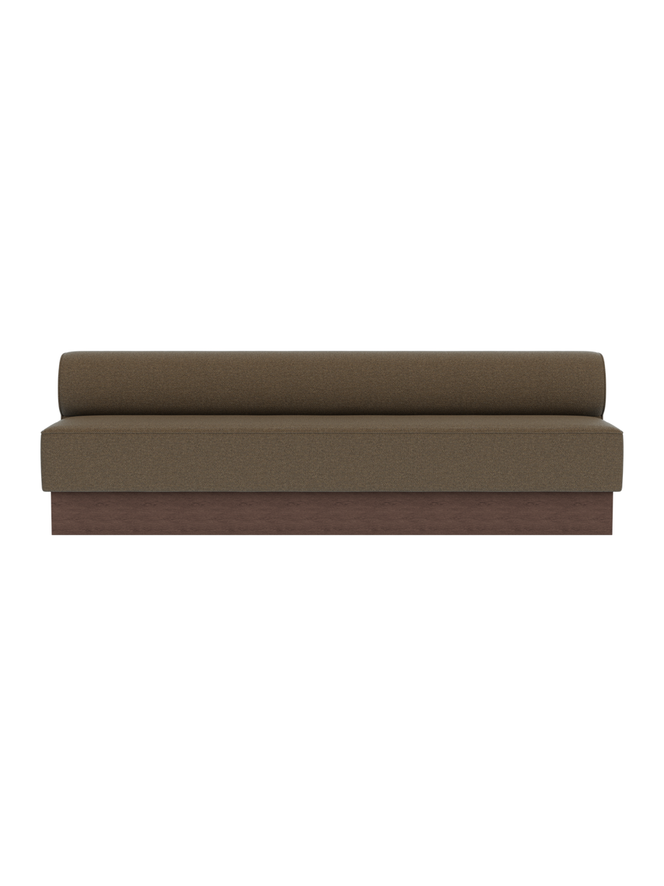 Eave Dining Sofa, Plateau in dark stained oak and Logan Nutmeg upholstery, featuring a clean linear profile.