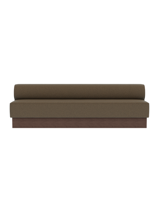 Eave Dining Sofa, Plateau in dark stained oak and Logan Nutmeg upholstery, featuring a clean linear profile.