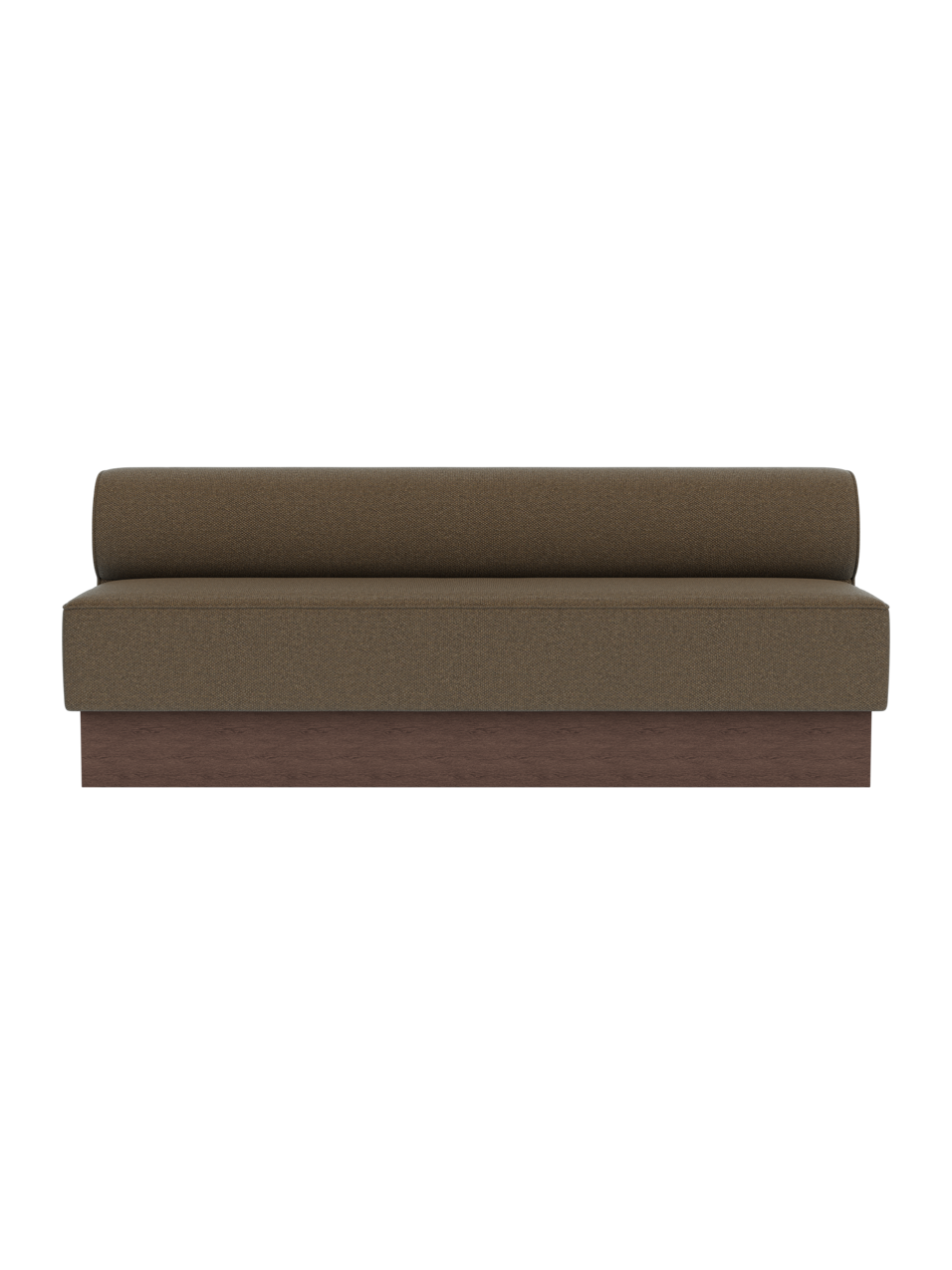 Eave Dining Sofa, Plateau upholstered in Logan Nutmeg fabric with a dark stained oak wooden base, shown from the front.
