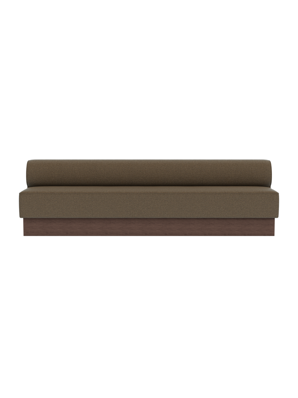Eave Dining Sofa, Plateau in dark stained oak and Logan Nutmeg upholstery, viewed from the front against a black background.
