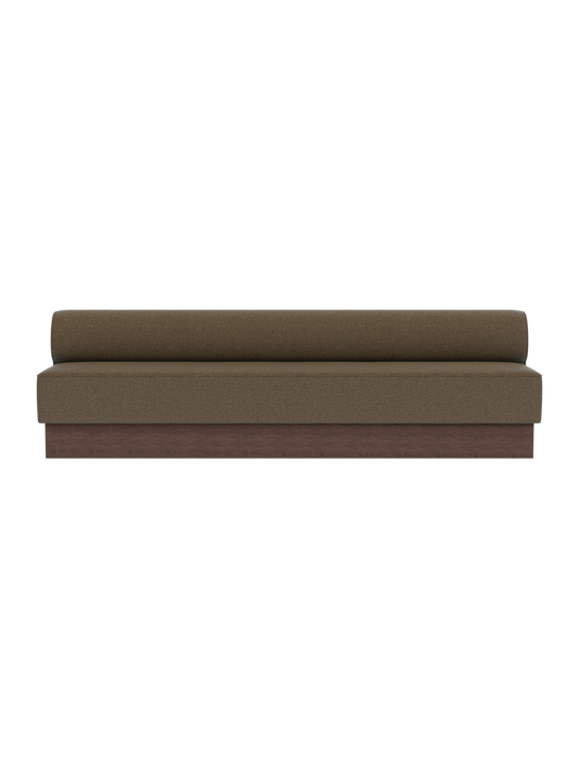 Eave Dining Sofa, Plateau in dark stained oak and Logan Nutmeg upholstery, viewed from the front against a black background.