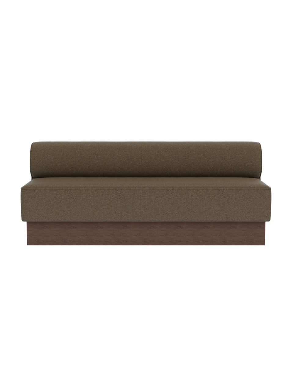 Eave Dining Sofa, Plateau module upholstered in Logan Nutmeg fabric, featuring a dark stained oak base.