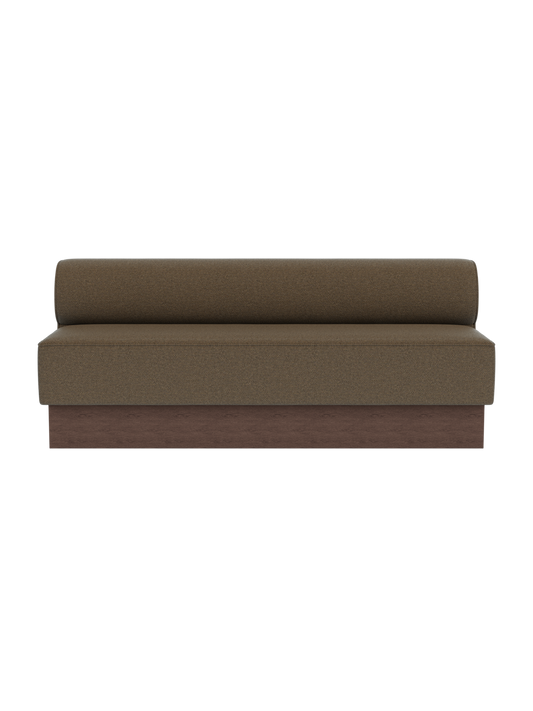 Eave Dining Sofa, Plateau module upholstered in Logan Nutmeg fabric, featuring a dark stained oak base.