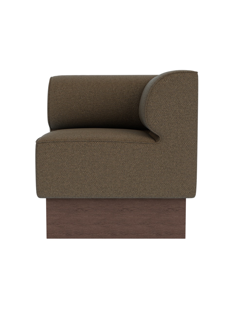 Eave Dining Sofa, Plateau in dark stained oak and Logan Nutmeg upholstery, viewed from the side.