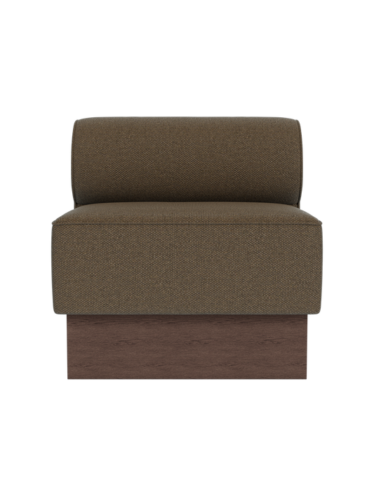 Eave Dining Sofa, Plateau in dark stained oak with Logan Nutmeg upholstery.