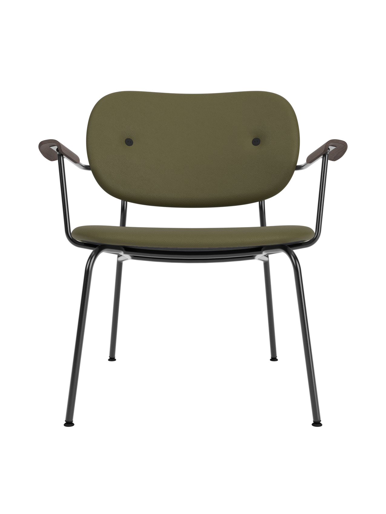 Co Lounge Chair with olive Sierra 0441 upholstery, dark stained oak armrests and a slender black steel frame.