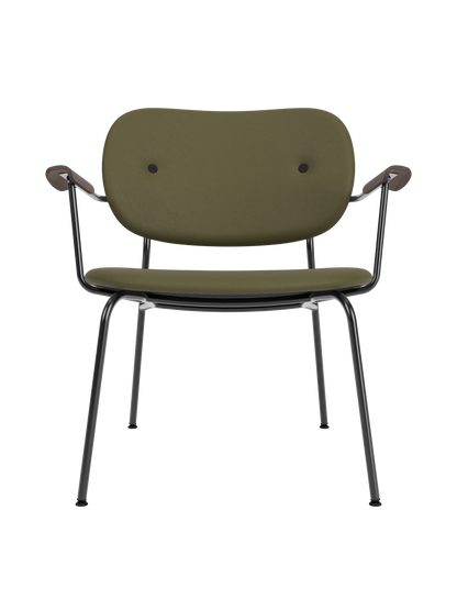 Co Lounge Chair with olive Sierra 0441 upholstery, dark stained oak armrests and a slender black steel frame.