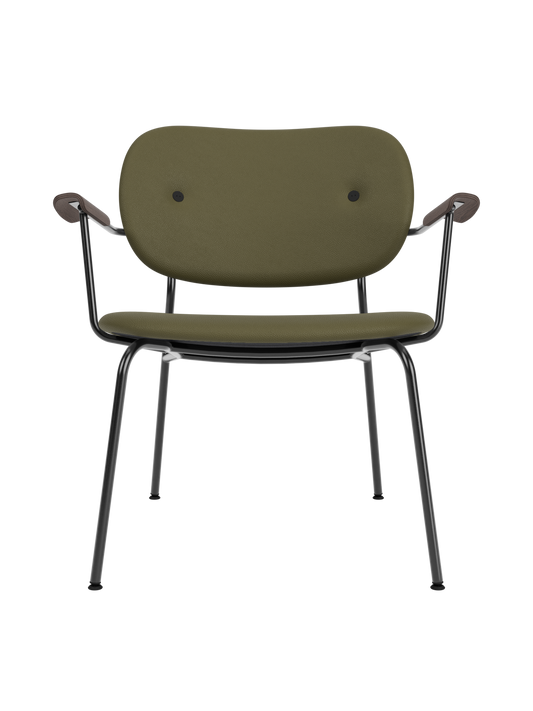 Co Lounge Chair with olive Sierra 0441 upholstery, dark stained oak armrests and a slender black steel frame.