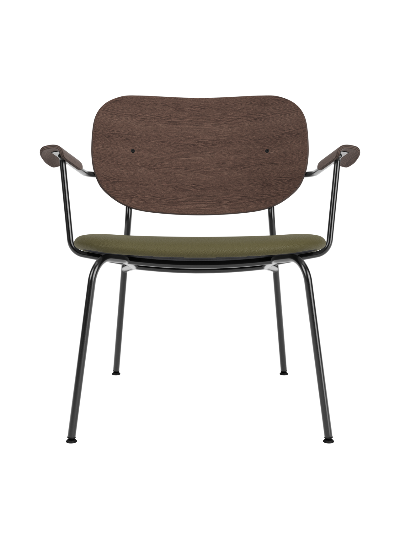 Co Lounge Chair with dark stained oak backrest and olive green Sierra 0441 upholstered seat.