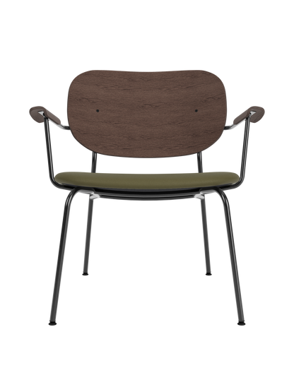 Co Lounge Chair with dark stained oak backrest and olive green Sierra 0441 upholstered seat.