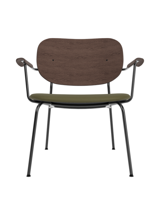 Co Lounge Chair with dark stained oak backrest and olive green Sierra 0441 upholstered seat.