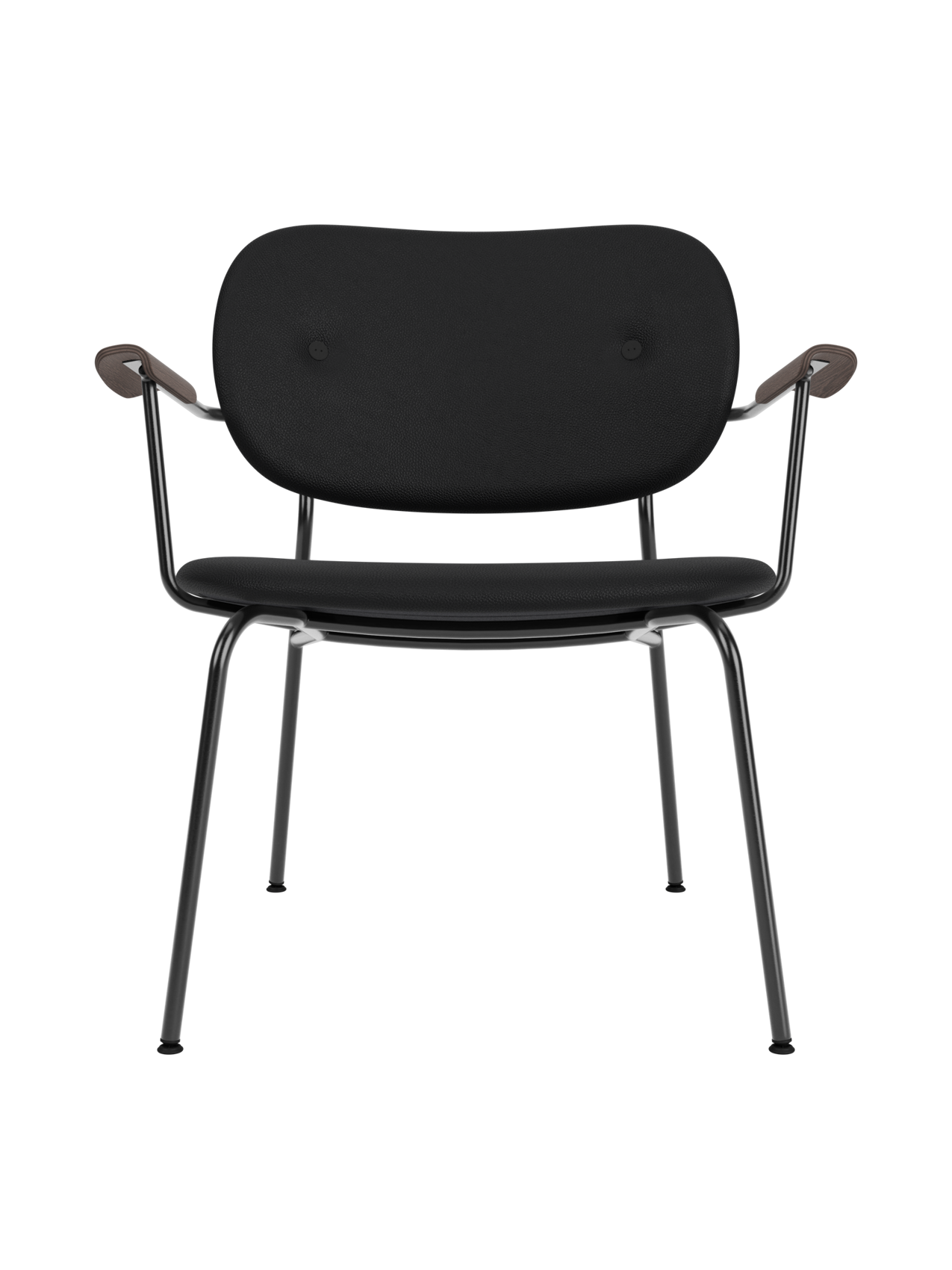 Fully upholstered Co Lounge Chair in black leather with dark stained oak armrests and a slender black steel base.