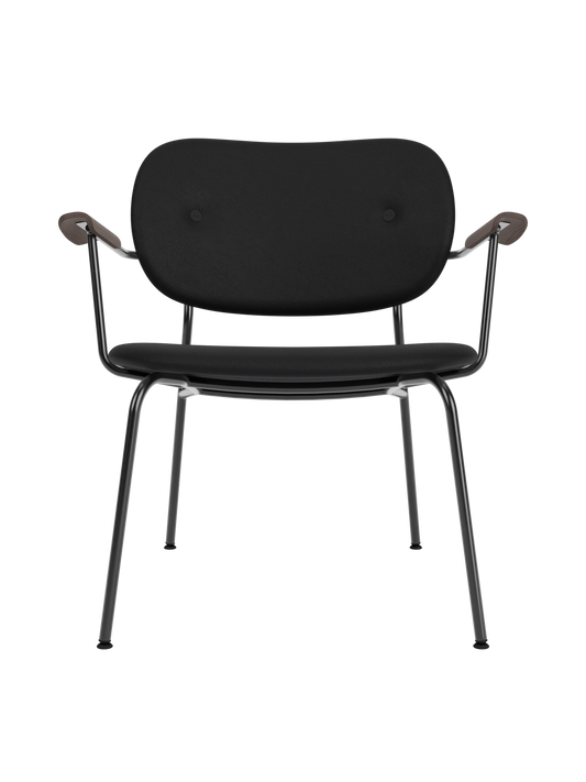 Fully upholstered Co Lounge Chair in black leather with dark stained oak armrests and a slender black steel base.