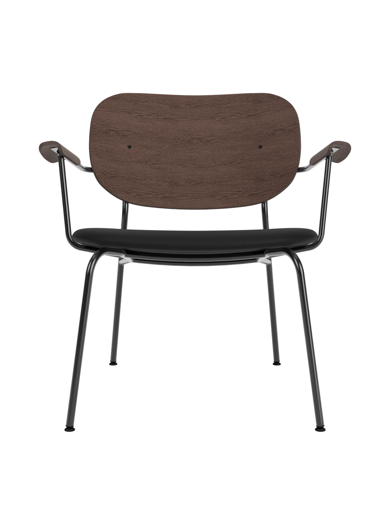 Co Lounge Chair with a dark stained oak backrest and Sierra 1001 black upholstered seat on a black steel frame.