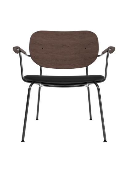 Co Lounge Chair with a dark stained oak backrest and Sierra 1001 black upholstered seat on a black steel frame.