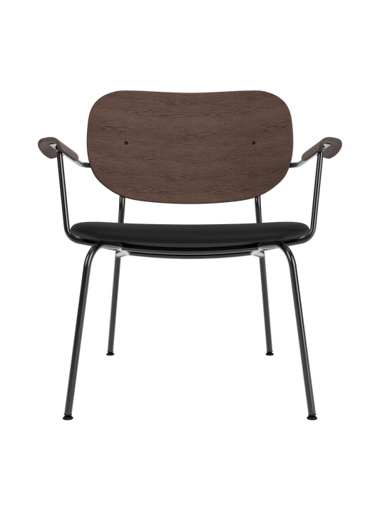 Co Lounge Chair with a dark stained oak backrest and Sierra 1001 black upholstered seat on a black steel frame.