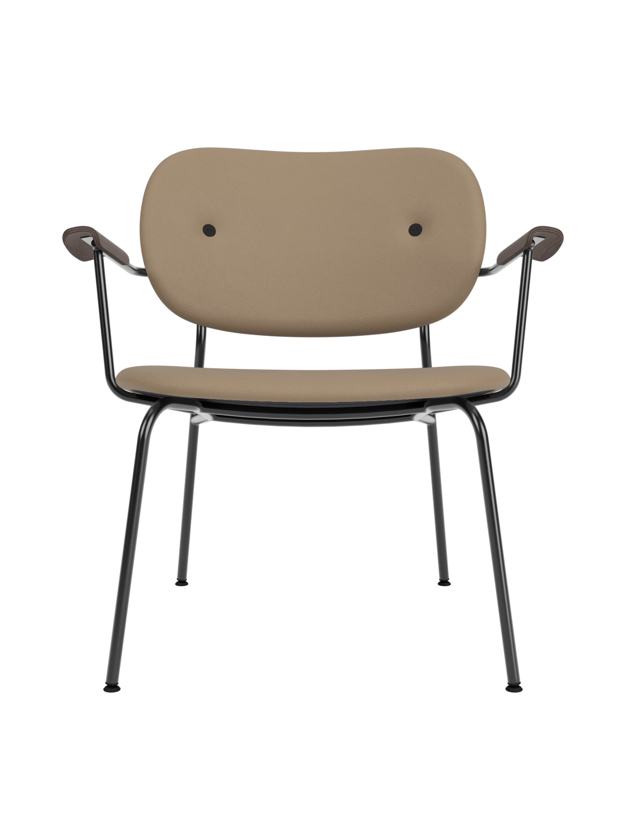 Co Lounge Chair upholstered in tan Sierra leather, featuring dark stained oak armrests and a black steel frame.