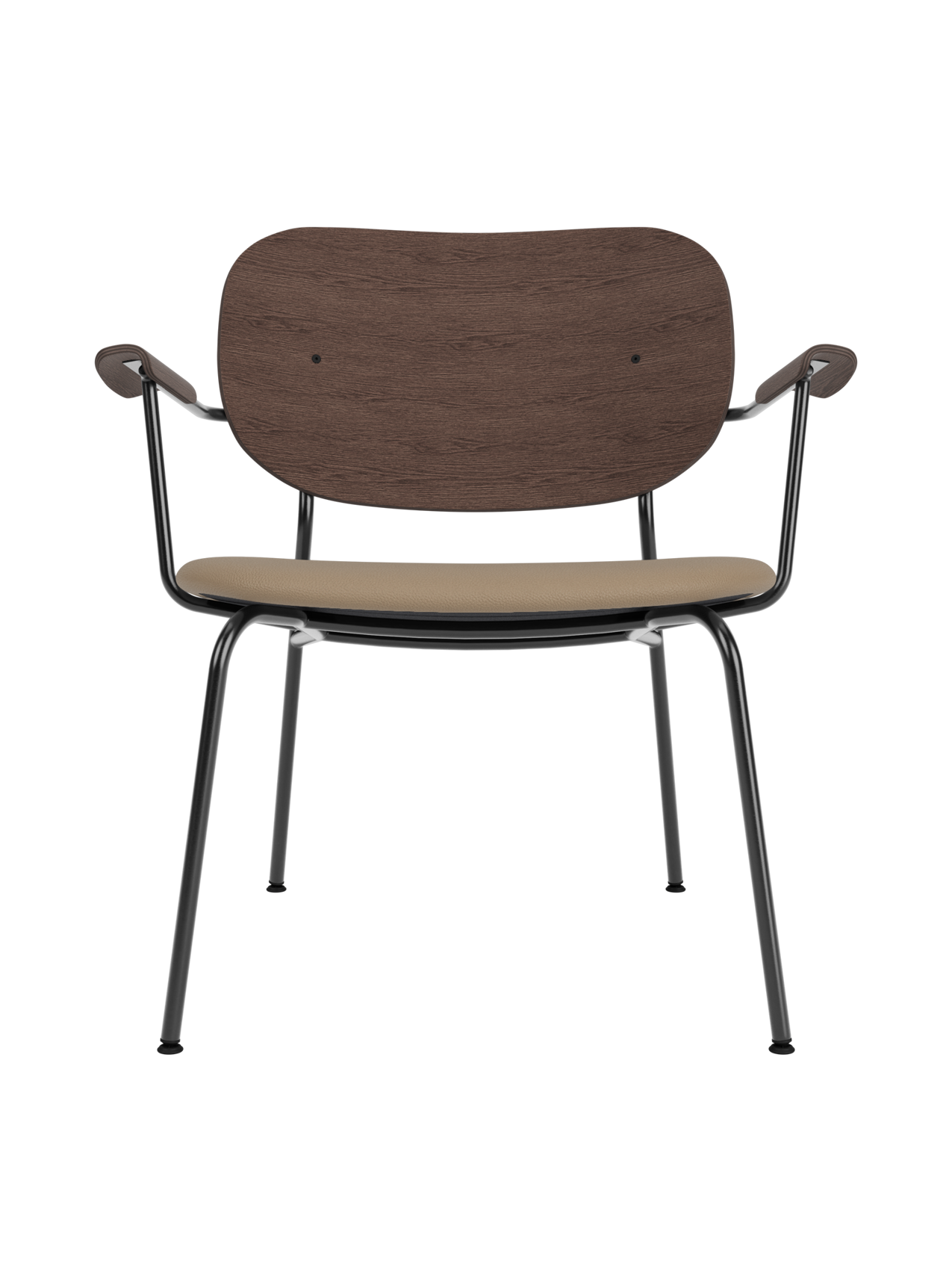 Co Lounge Chair with a dark stained oak backrest and tan Sierra 1611 upholstered seat on a black steel frame.