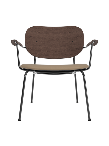 Co Lounge Chair with a dark stained oak backrest and tan Sierra 1611 upholstered seat on a black steel frame.