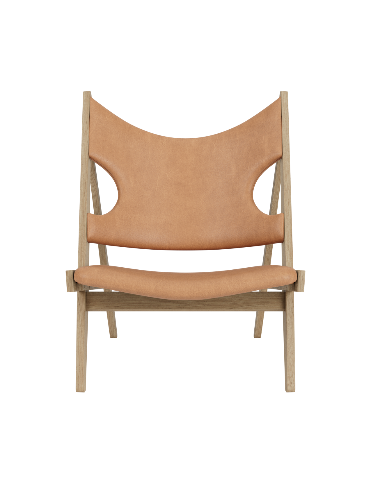 Knitting Lounge Chair in natural oak and Dunes Camel leather, featuring its signature winged back and elbow cut-outs.