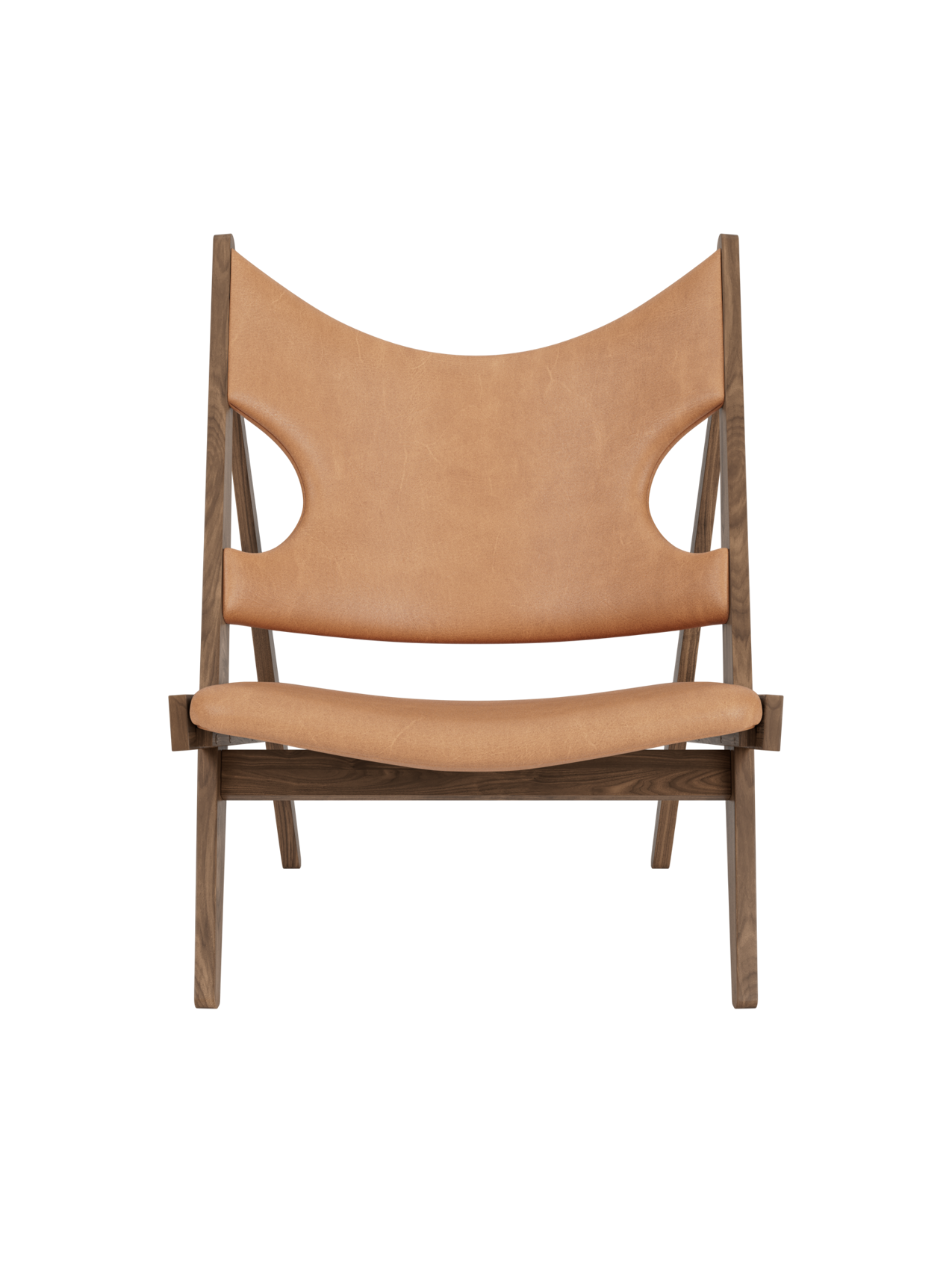 Knitting Lounge Chair by Ib Kofod-Larsen in walnut with Dunes Camel leather upholstery and signature elbow cut-outs.