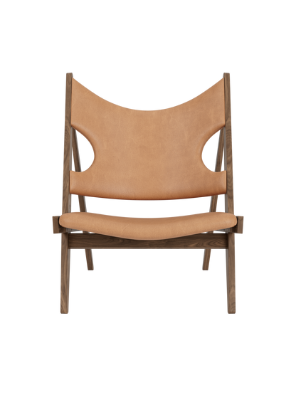 Knitting Lounge Chair by Ib Kofod-Larsen in walnut with Dunes Camel leather upholstery and signature elbow cut-outs.