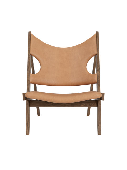 Knitting Lounge Chair by Ib Kofod-Larsen in walnut with Dunes Camel leather upholstery and signature elbow cut-outs.