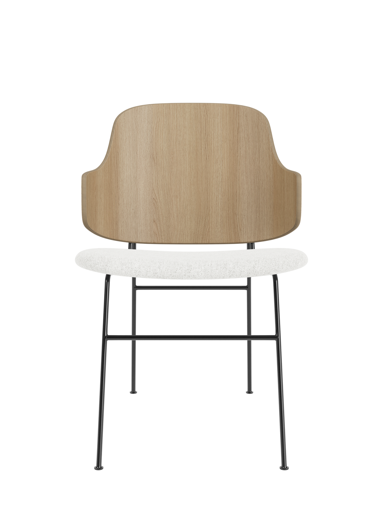 The Penguin Dining Chair with a natural oak back and light Hallingdal 65 upholstered seat on black steel legs.