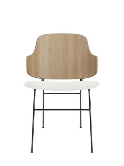 The Penguin Dining Chair with a natural oak back and light Hallingdal 65 upholstered seat on black steel legs.