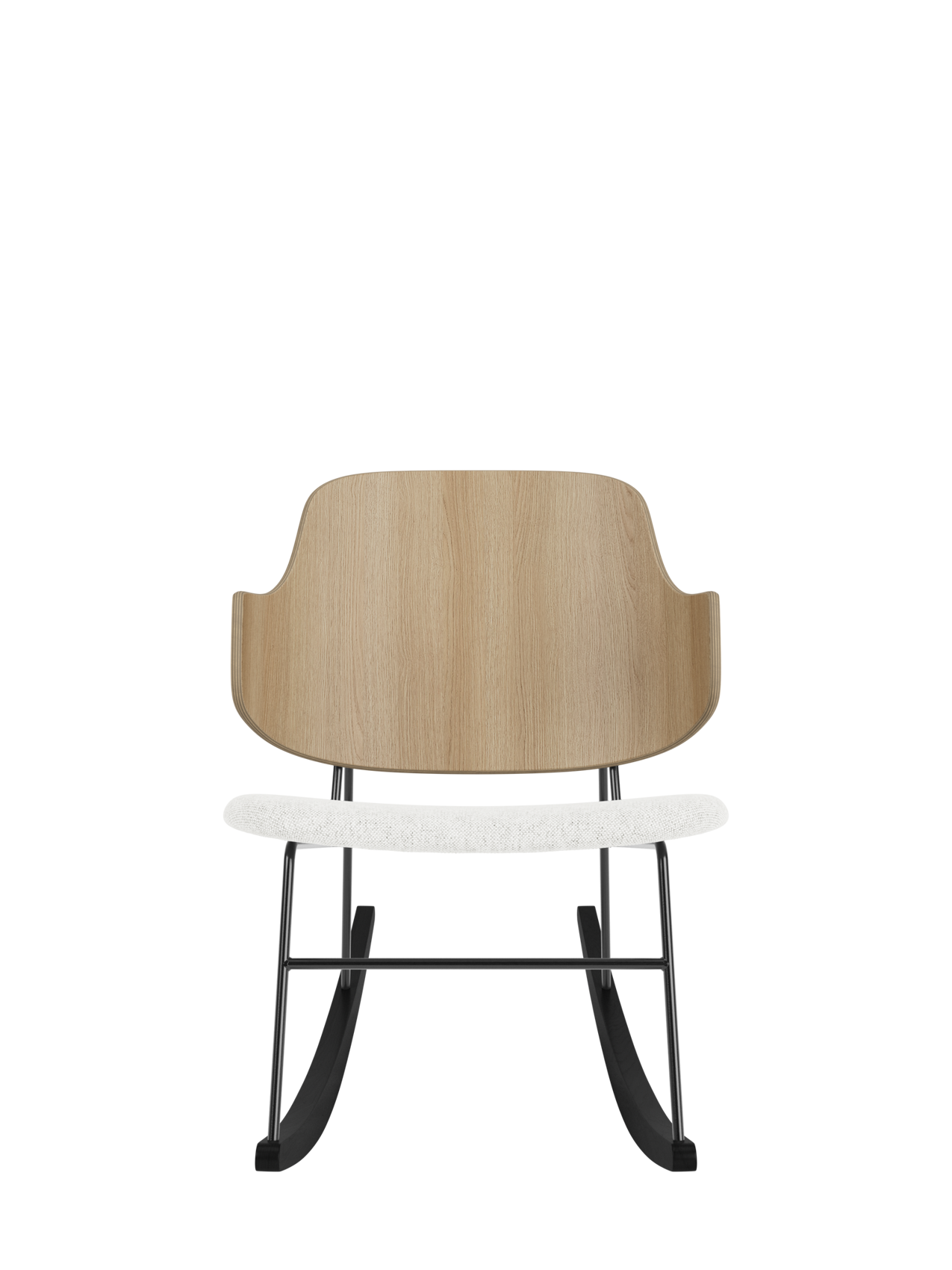 The Penguin Rocking Chair in natural oak with a light Hallingdal 65 upholstered seat and black steel rocking frame.