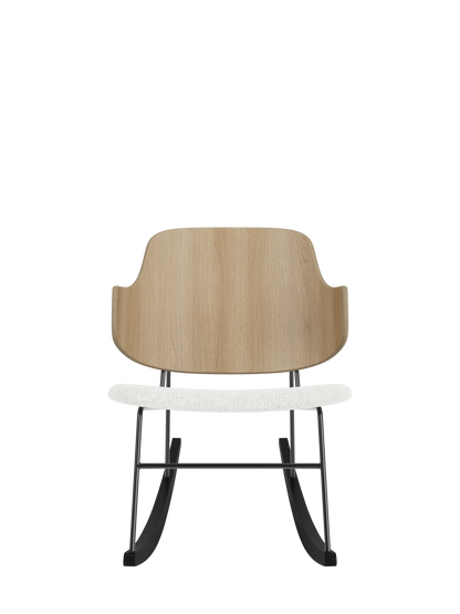 The Penguin Rocking Chair in natural oak with a light Hallingdal 65 upholstered seat and black steel rocking frame.