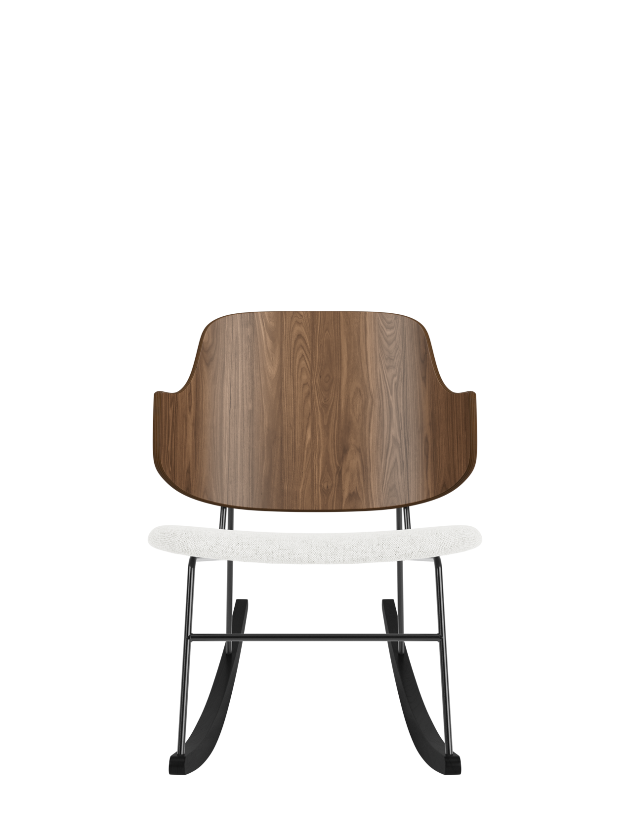 The Penguin Rocking Chair featuring a curved walnut back, light grey upholstered seat and black steel rockers.