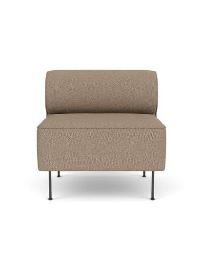 Front view of an Eave Dining Sofa module upholstered in light brown Logan Flint fabric, with a low back and slim metal legs.