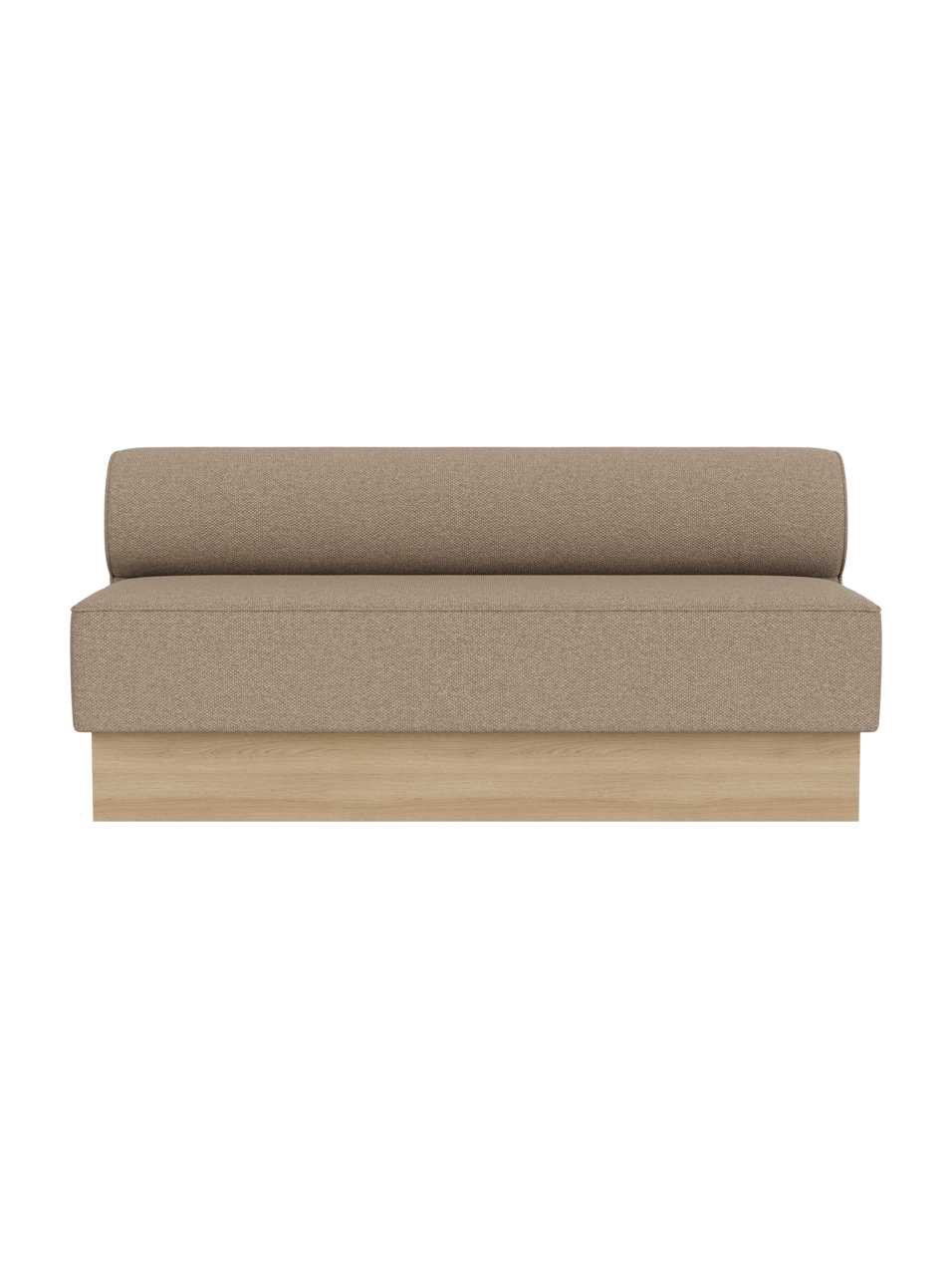 Eave Dining Sofa, Plateau upholstered in Logan Flint fabric with a natural oak base, shown from a front angle.