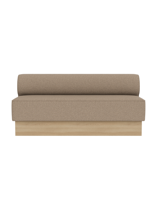 Eave Dining Sofa, Plateau upholstered in Logan Flint fabric with a natural oak base, shown from a front angle.