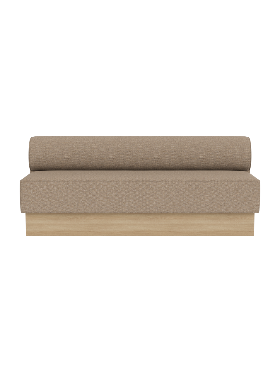 Eave Dining Sofa, Plateau upholstered in Logan Flint fabric with a natural oak base, isolated against a black background.